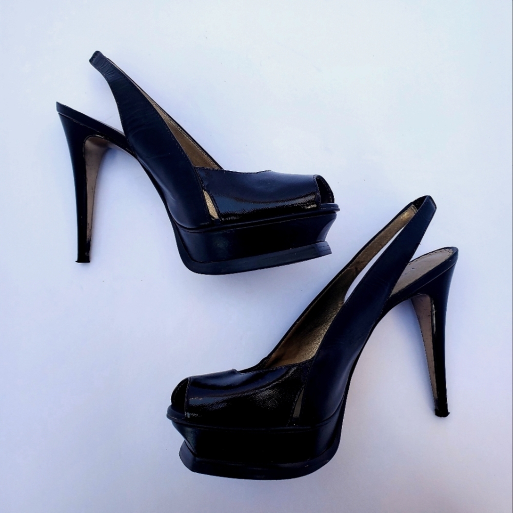 BEBE black Square toe platform heels leather with patent leather peek-a-boo toe